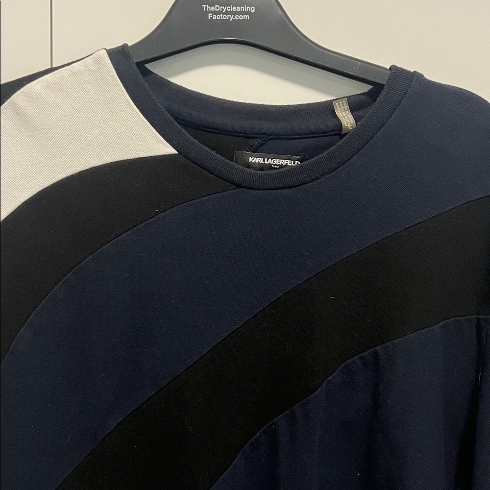 Karl Lagerfeld Sz L Men's Colorblock Crewneck Sweater - Navy, Black & White